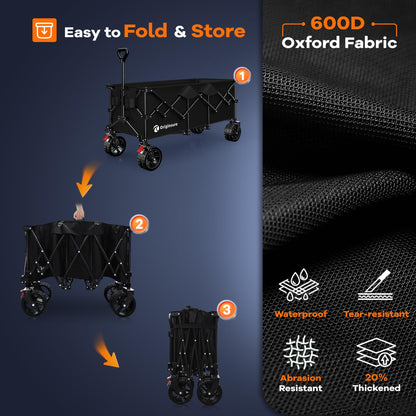 48" L Collapsible Wagon Cart Foldable, 560LB Weight Capacity 300L Heavy Duty Folding Beach Wagons with Big All-Terrain Wheels, Utility Carts for Groceries, Shopping, Camping, Sports - Black
