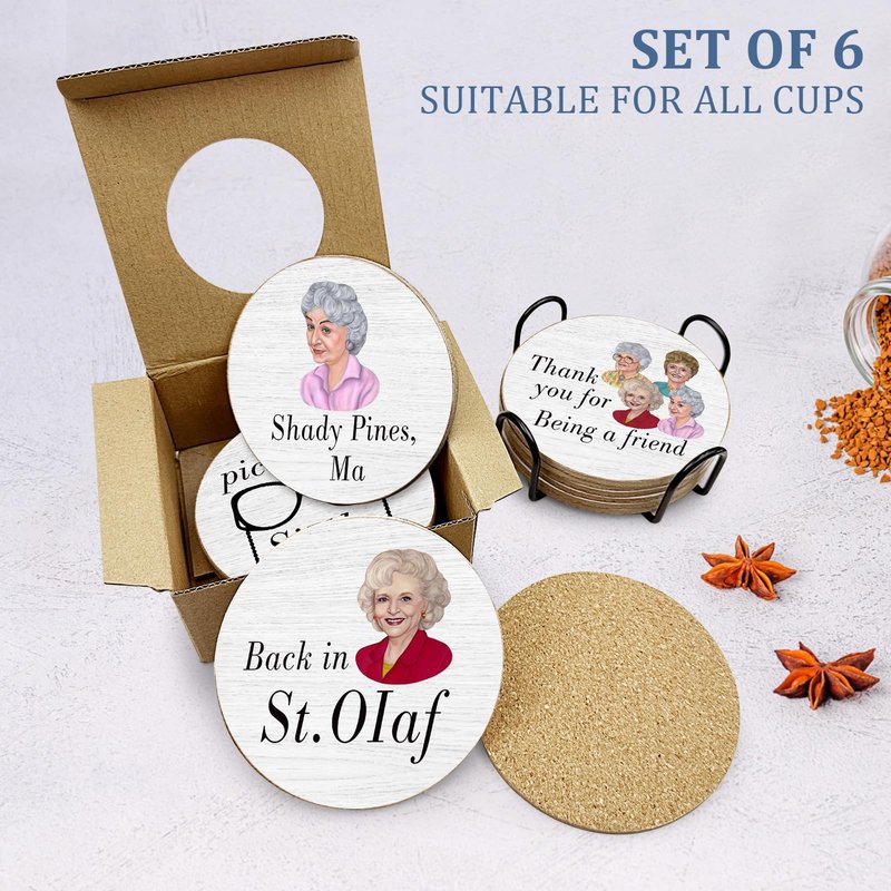 HSSPIRITZ 6 PCS Golden Girls Merchandise Cork Coasters for Drinks, Funny Coasters Set with Coaster Holder,Golden Girls TV Show Kitchen Decor Themed Coasters Gifts for Fans