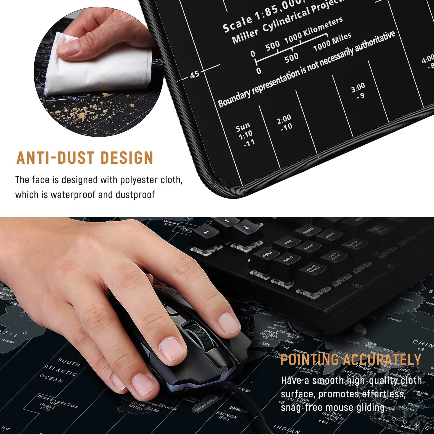 JIALONG Large Gaming Mouse Pad Desk Mat Extended Mousepad with Non-Slip Keyboard Pad for Laptop, Computer and PC - 35.4 x 15.7 inches Black World Map