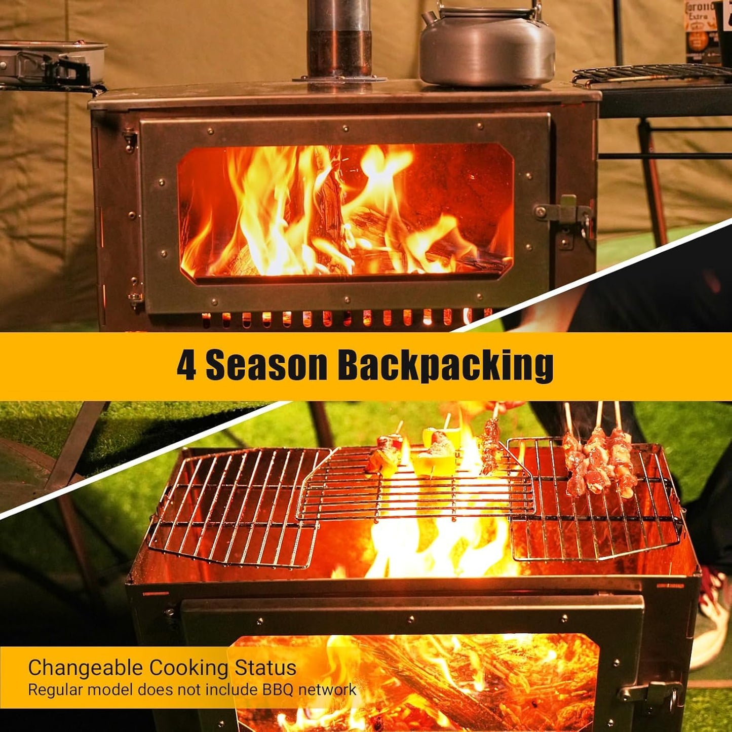Stainless Steel Camping Tent Stove with Pipe & Bag, Portable Wood Burning Stove for Outdoor Cooking, Hot Tent, Backpacking, Firewood, Folding Camp Wood Stove for Camping with Grill