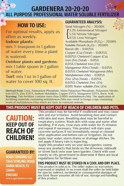 GARDENERA Premium 20-20-20 All-Purpose Water-Soluble Fertilizer - Boosts Plant Growth & Leaf Color - 1 Quart