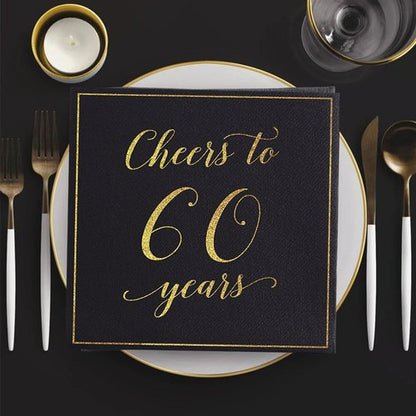 Heyiminy 20 Pack Cheers to 60 Years Napkins, Black and Gold 60th Birthday Napkins, 13 * 13 Inch Disposable Paper Cocktail Dinner Napkins for Birthday Wedding Anniversary Party Decorations (60 Years)