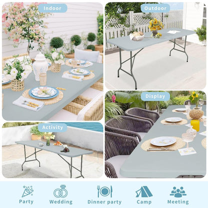 Set of 2 Folding Table 6 FT Lightweight Camping Table Portable Plastic Rectangular Outdoor Dining Table Steel Legs Fold-in-Half with Carrying Handle for Indoor,Picnic,Party,Wedding,Events(White)