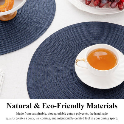 SHACOS Round Placemats Set of 8 Washable 15 inch Round Table Mats Cotton Polyester Woven Braided Place Mats for Dining Table, Navy