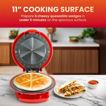 Elite Gourmet EQD-118 Electric Non-Stick 11" Quesadilla Maker, Easy-Slice 6-Wedge, Grilled Cheese Corn Flour Tortilla Snacks, Red