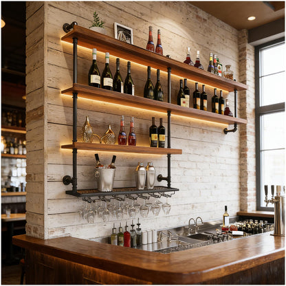 TAUODUYY 51.1in Large Wine Rack with LED Light, 4 Tiers Solid Wood Wall Mounted Wine Rack, Industrial Liquor Bottles Floating Shelves with Glass Holder for Home Bar/Dining Room (51.1in/130cm)