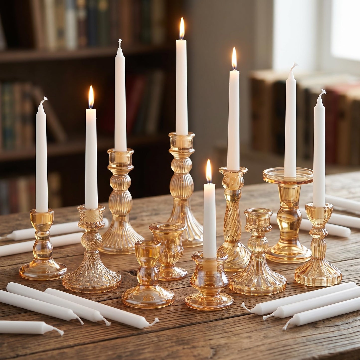 Mumufy 10 Sets Glass Crystal Taper Candle Holders Stand Centerpiece Bulk with 10 in Taper Candles Sticks Clear Decorations Table Wedding Dining Party (Gold)