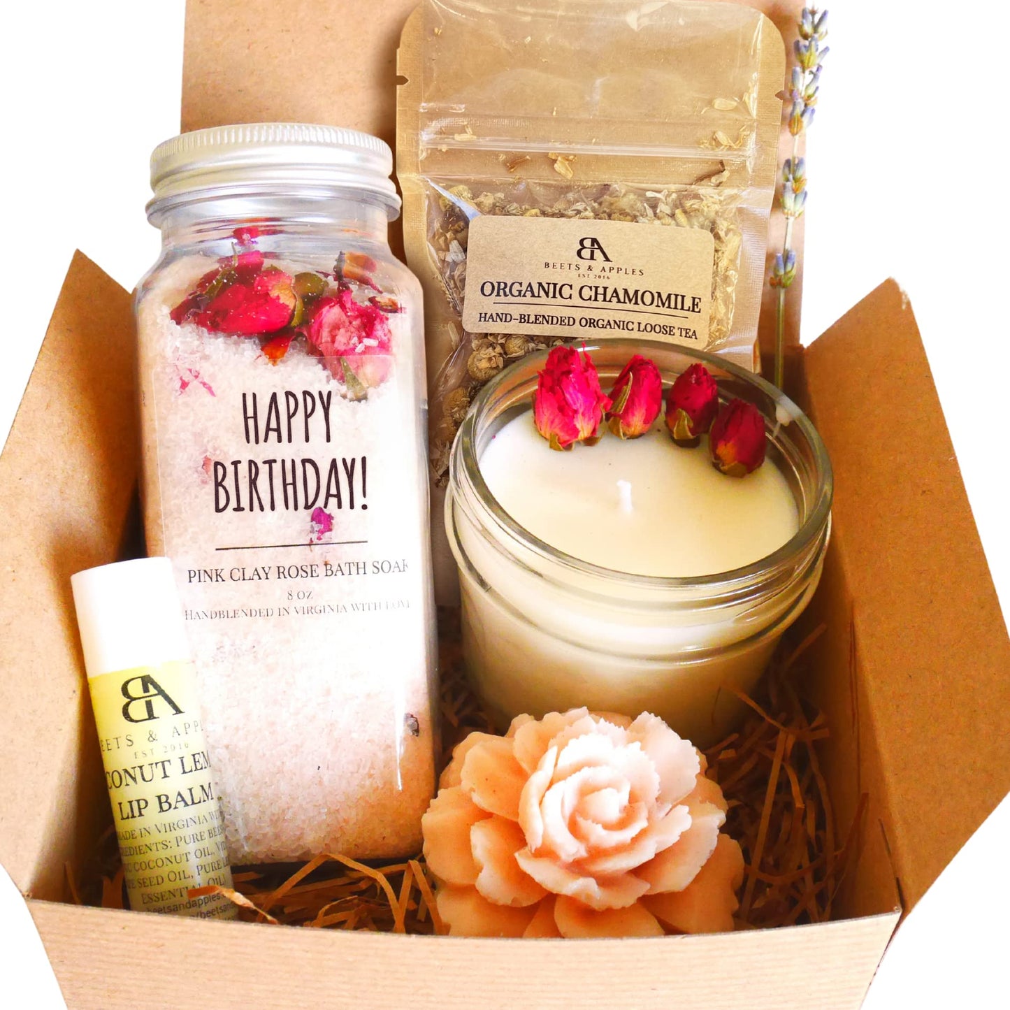 Beets and Apples Happy Birthday Gift Basket, Birthday Spa Gift Baskets for Women, Organic Spa Gift Set, Self Care Gift Basket for Birthday Gifts, Handmade in USA Unique Birthday Gifts Relaxation Gift (Happy B-Day)
