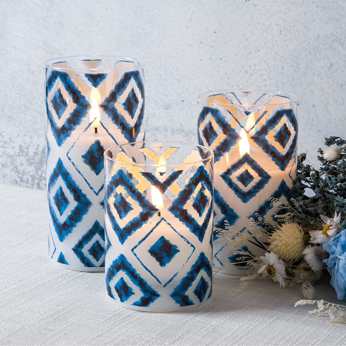 Eywamage Blue Geometric Flameless Candles in Glass Jars, Flickering Battery LED Pillar Candles with Remote Set of 3