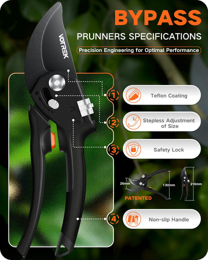 VOTREK 8.5" Pruning Shears for Gardening, 【Unique Stepless Handle Opening】Professional Bypass Garden Clipper, Heavy Duty Plant Pruners for Branch 【SK5 Steel Blades】【All Hand Sizes】, Classic Black