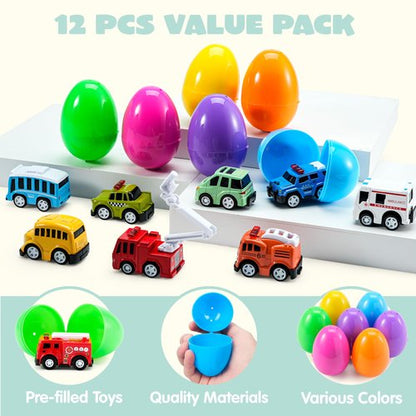 JOYIN 12 Pcs Prefilled Easter Eggs with Toys, Plastic Eggs with Cute Pull Back Cars, Easter Basket Stuffers, Party Favors for Kids, Classroom Prize Supplies