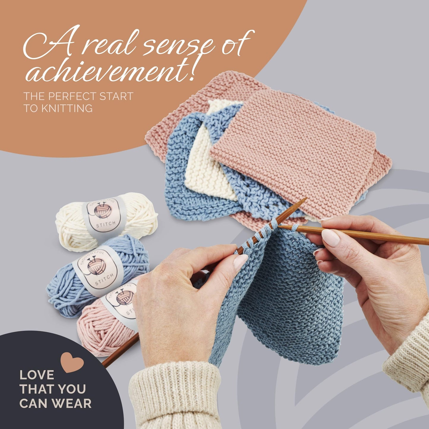 Thoughtful Stitch Knitting Kit for Beginners Adults & Kid Friendly- Complete Knitting Kit - Learn to Knit Yarn Set with Tutorial Book for Adult Hobbies - 100% Cotton Wool & Bamboo Knitting Needle