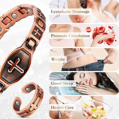 Mahnco Magnetic Copper Bracelet & Ring for Women, Lymph Detox Bracelet for Joint with 3500 Gauss Strong Magnets-Jewelry Gifts with Adjust Tool