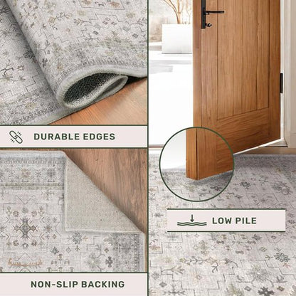 Hazo Haus Boho Light Grey Living Room Rug - Modern Vintage Floral Design | Extra Large 9x12, Washable Non-Slip