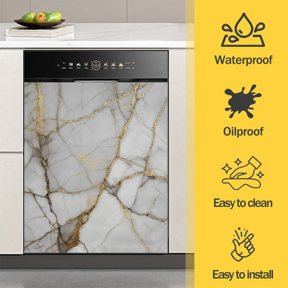 Texture Marble Dishwasher Magnet Cover,Gold White Kitchen Decor Waterproof Refrigerator Magnet Sticker Appliance Cover Protector,23Wx26H Inches