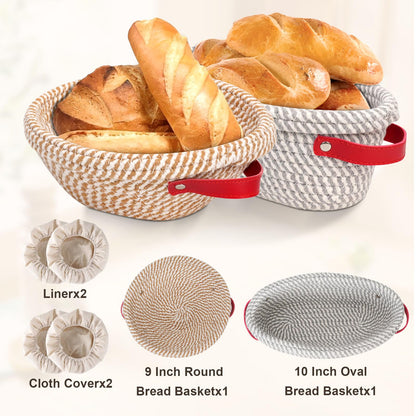 zunmial Banneton Bread Proofing Basket,9/10inch Round & Oval Cotton Rope Sourdough Proofing Basket with Liners & Covers,for Bread Making Baking Fermentation (2 Pack)