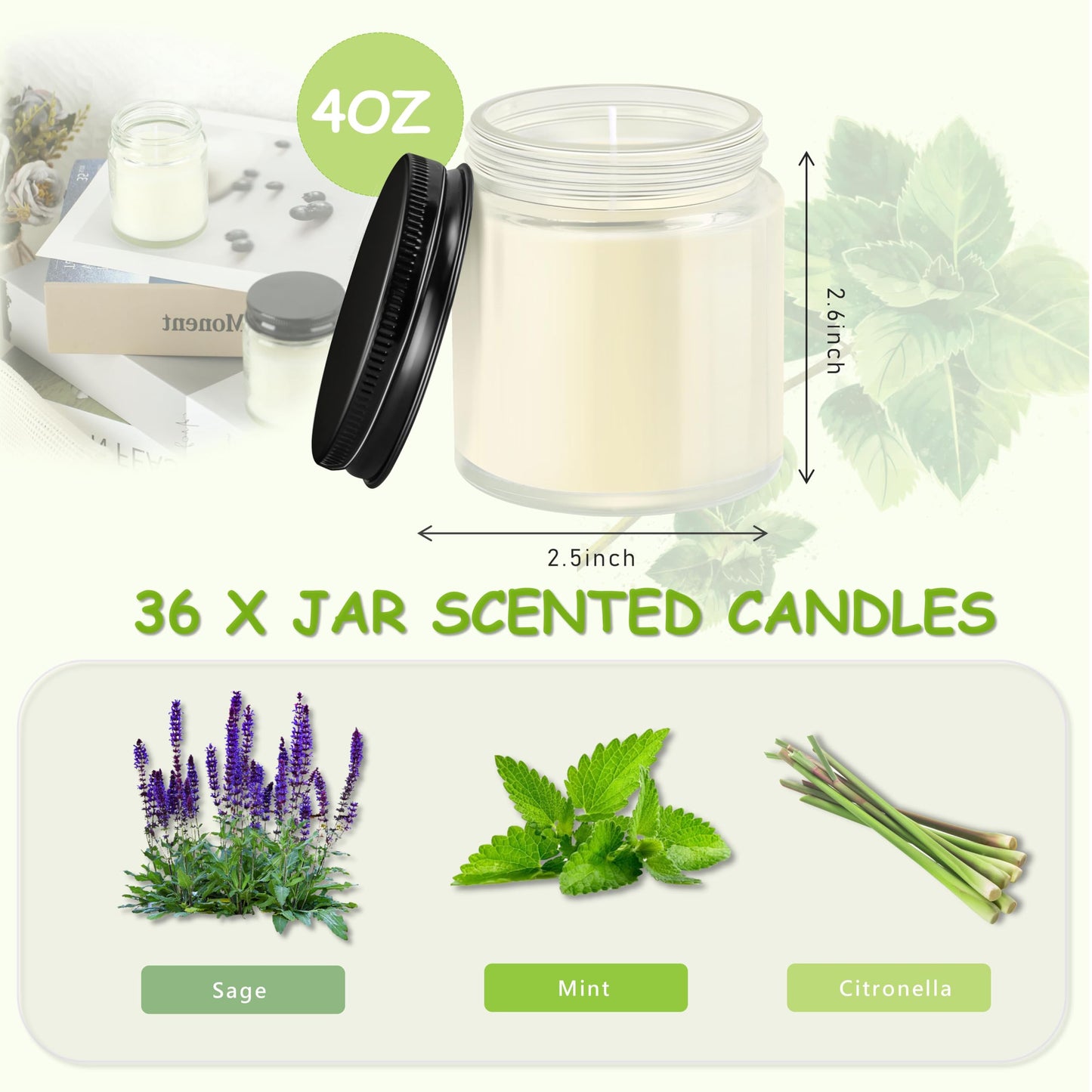 ACITHGL 36 Pcs 4oz Mini Mason Jar Candles Small Scented Candles Bulk Aromatherapy Ideal Souvenir Favors for Wedding Birthday Party (Sage, Mint, Citronella, Black)