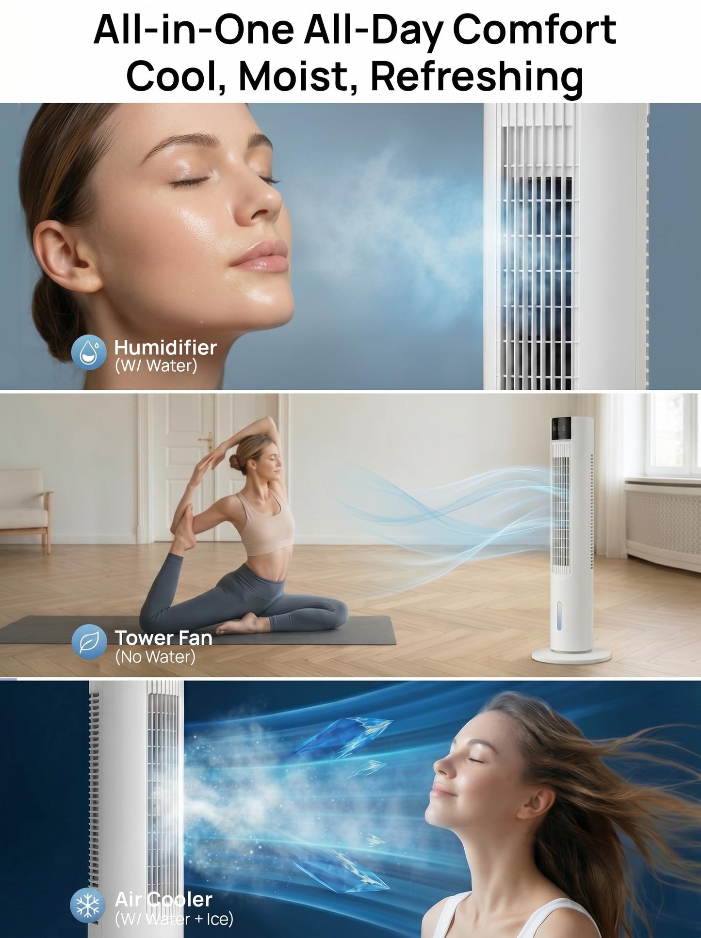 35" Evaporative Air Cooler, 3-In-1 Swamp Cooler, Portable Air Conditioners No Windows Needed, 3 Speeds, 4 Ice Packs, 12H Timer, 80° Oscillation, Remote, AC Cooling Fan for Bedroom, Room