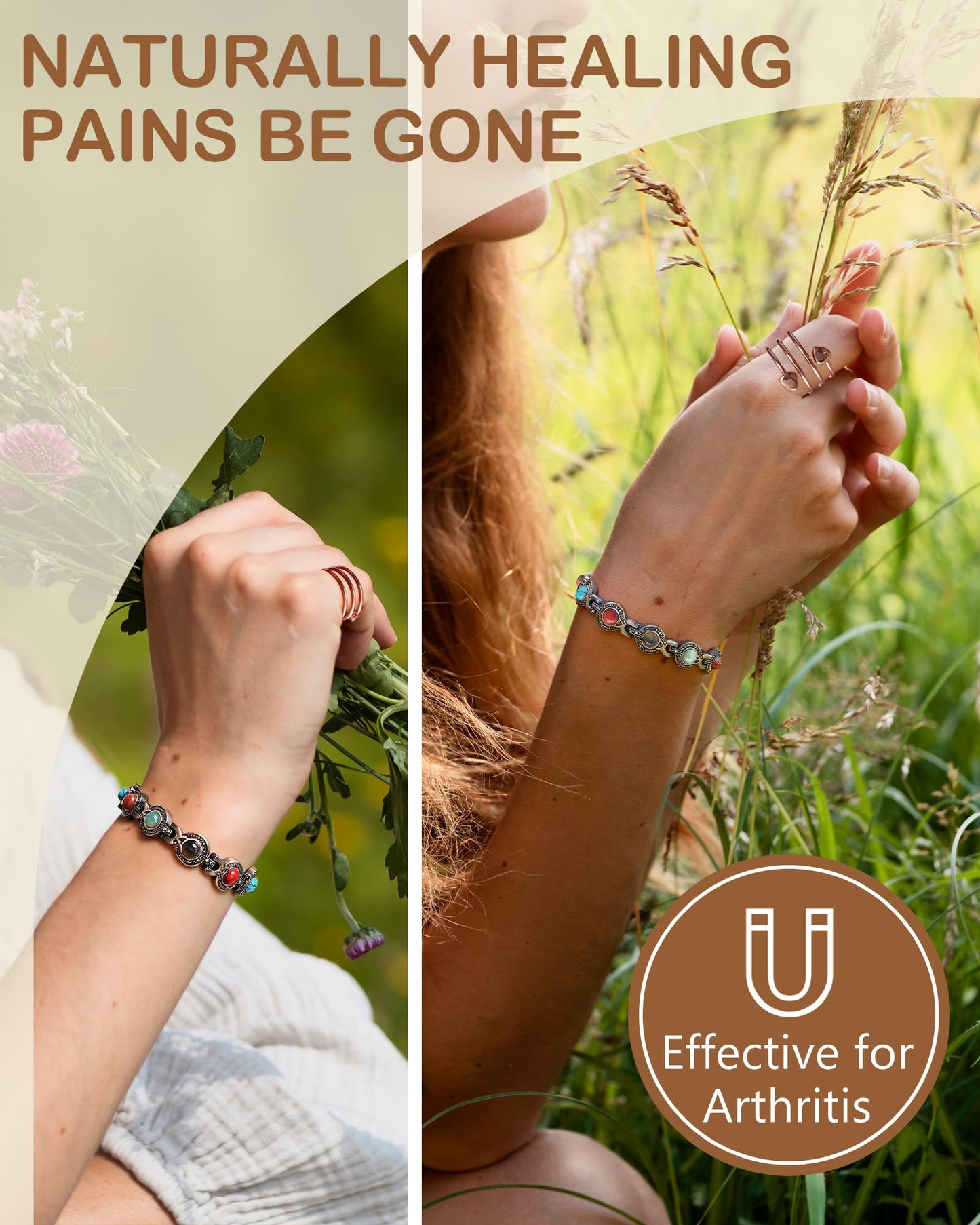 Feraco Pure Copper Bracelets & Rings for Women, Ultra Strength Magnetic Bracelet with 3800 Gauss Magnets & Natural Turquoise & Stones, Adjustable, Jewelry Gift (Circular)