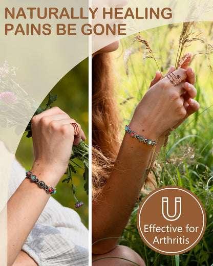 Feraco Pure Copper Bracelets & Rings for Women, Ultra Strength Magnetic Bracelet with 3800 Gauss Magnets & Natural Turquoise & Stones, Adjustable, Jewelry Gift (Circular)
