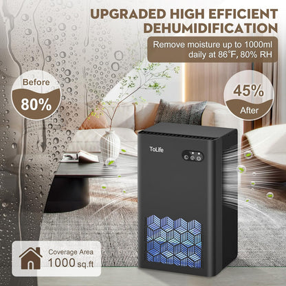 ToLife Dehumidifier - 1000 Sq.Ft. Home Dehumidifier with 95 OZ Tank & Auto Shut Off | Black