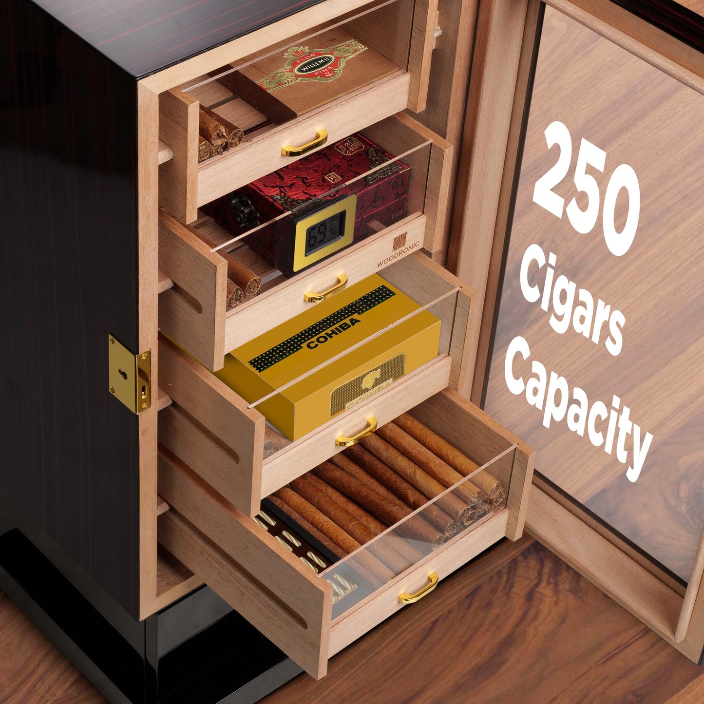 Woodronic Cigar Cabinet Humidor for 200-250 Cigars with Accessory Drawer, Crystal Humidifiers, USB Cables for Electric Humidifiers, Lock & Keys and Spanish Cedar Lining, Home & Commercial Display