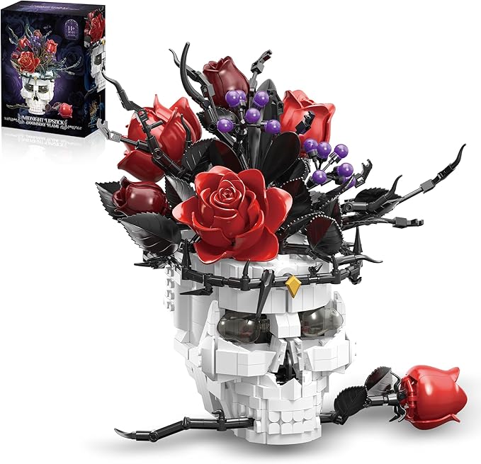 Skull Roses Flowers Building Set for Adults Gothic Horror Skeleton with Red Bouquet Botanical Collection Home Art Decor Gift for Women Girls