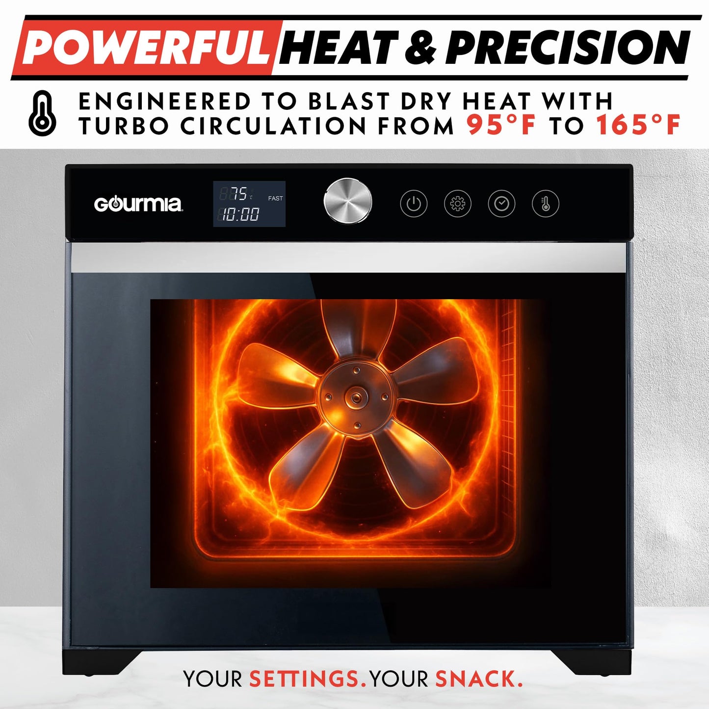 Gourmia Digital Food Dehydrator – 6 Stainless Steel Trays, 360° Airflow, One-Touch Presets, Adjustable Temp 95–165°F, Timer, Glass Door, Quiet Operation, 600W – Healthy Snacks, Jerky, Fruits & More