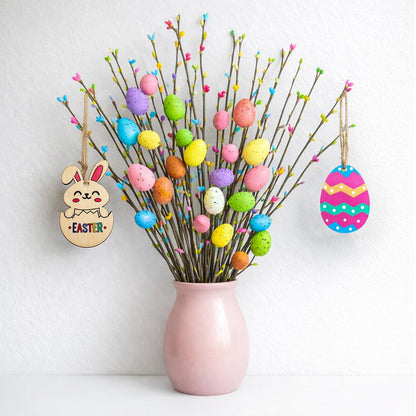 KENJOVIVO Artificial Easter Spray Vine with Pastel Easter Eggs and Berries, Wooden Eggs, Wood Rabbit & Happy Easter Ribbon, Easter Egg Twig Branches for Spring Floral Stems Home Decoration