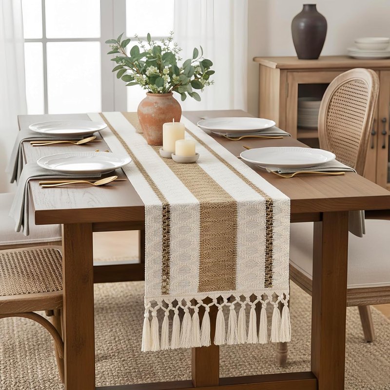 FEXIA Boho Table Runner for Hoilday Spring Home Decor with Tassels Pottery barn Furniture Farmhouse Rustic Macrame Burlap Table Decoration for Living Room (12x48 Inches)