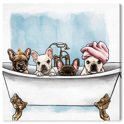 Oliver Gal Animals Modern Canvas Wall Art Frenchies In The Tub Ready to Hang Home Decor 12.0 x 12.0 White and Blue Canvas Art for Bath