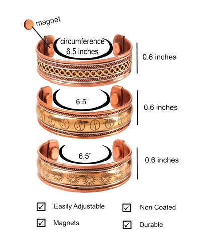 Touchstone copper bracelets | gift for men women |adjustable 100% pure solid real magnetic jewelry | handmade bracelet set combo | rope braided tibetan bangles. Set of 3 different designs