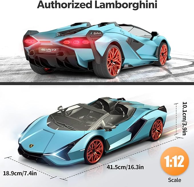 MIEBELY Lamborghini Remote Control Car 1:12 Scale Lambo Toy Car 2 X 7.4V 900mAh Officially Licensed 12Km/h Fast Rc Cars with Led Light 2.4Ghz Model Car for Adult Boys Girls Birthday Ideas Gift - Blue