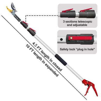 Prunrt Telescopic Tree Trimmer 4.5-10 FT with 3 Section Length Adjustable, Cut and Hold Pruner, Pole Saw Extendable, Long Handle Fruit Picker, Branch Cutter, Clippers, Loppers