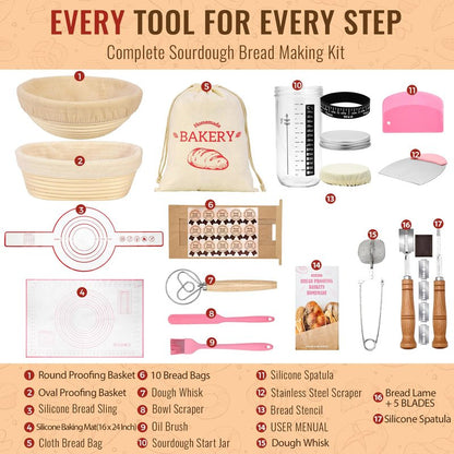 Sourdough Starter Kit | Complete Sourdough Bread Baking Supplies & Sour Dough Bread Making Kit with Proofing Baskets (8.5" & 10") All-in-One Baking Tools & Gift Set for Women, Beginners & Home Bakers