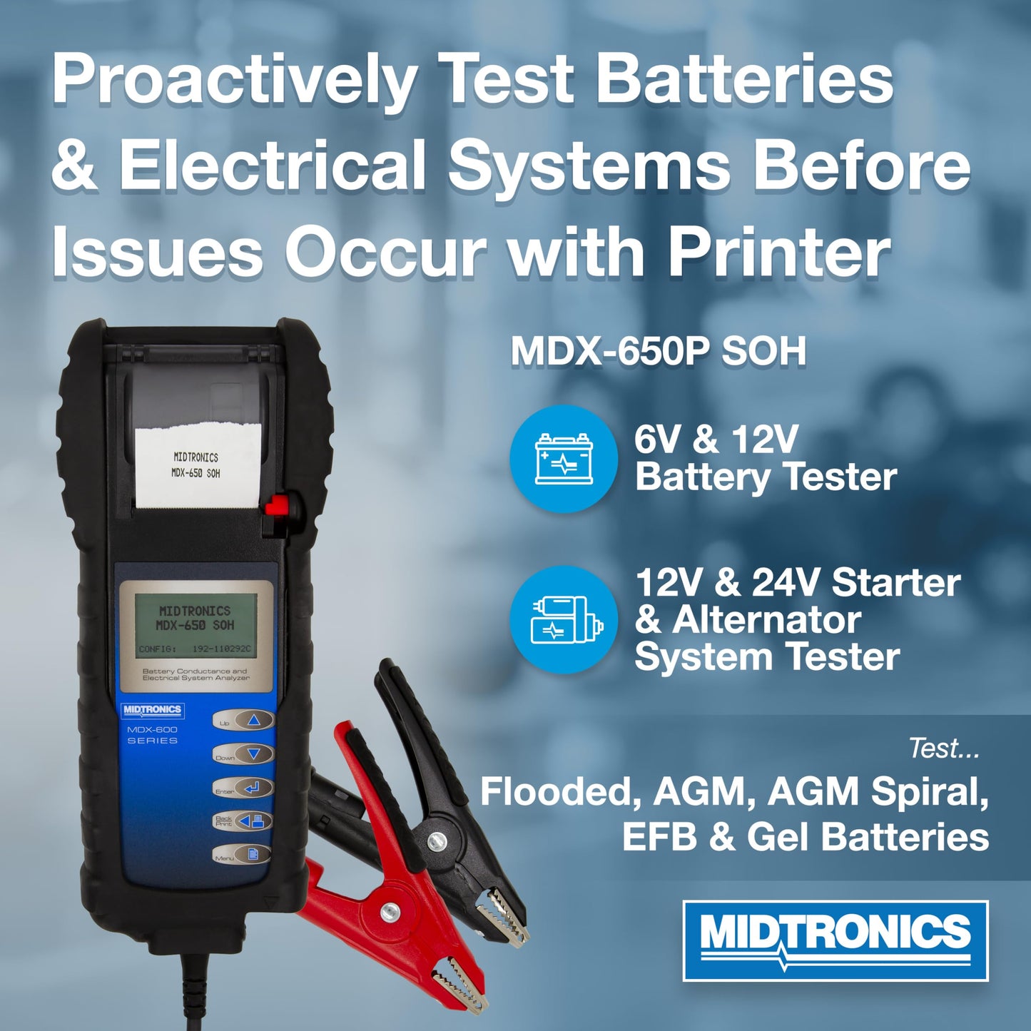 Midtronics MDX-650P SOH -12V & 24V Digital Battery Conductance & Electrical System Analyzer Battery Tester + Printer - I0' Cables, SOH Graph, Tool Bag