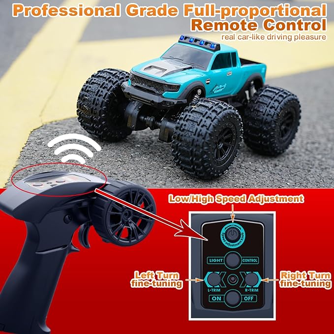 8816 1:12 Amphibious Remote Control Car with Full Proportional Steering-Fully Waterproof All Terrain RC Monster Truck for Kids 6-12+ 7.4V 4WD 2.4Ghz 60+ Min Dual Battery Blue