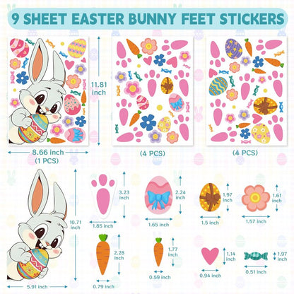 GULWAT 299 PCS Easter Bunny Footprints Stickers for Floor, Cute Rabbit Footprints for Easter Hunting Games Bunny Paw Prints Floor Decals Clings Flower Carrot Holiday Party Home Wall Window Decorations