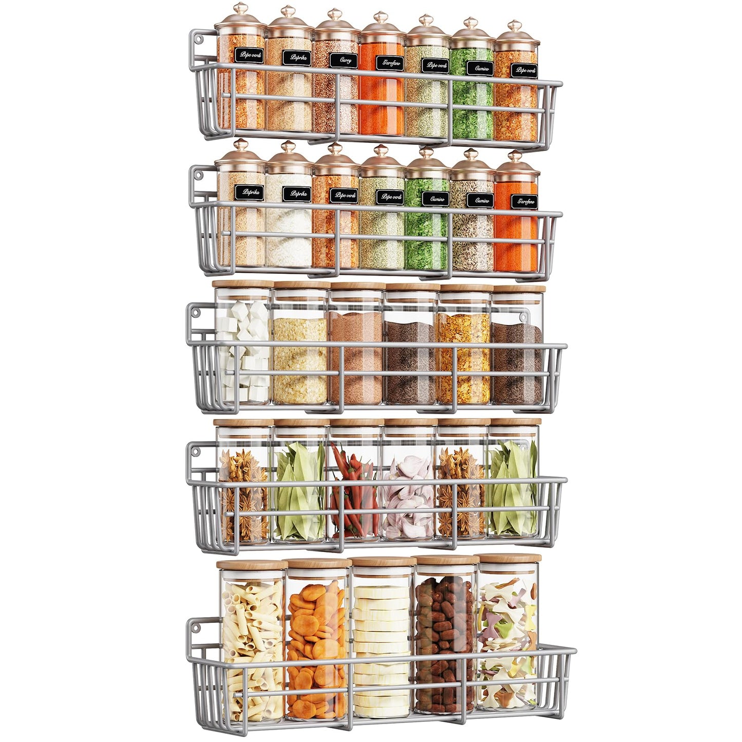 5 Pack Spice Rack Seasoning Organizer Wall Mount, Screw or Adhesive Hanging Shelf Basket Spice Organizer Shelf for Kitchen, Black