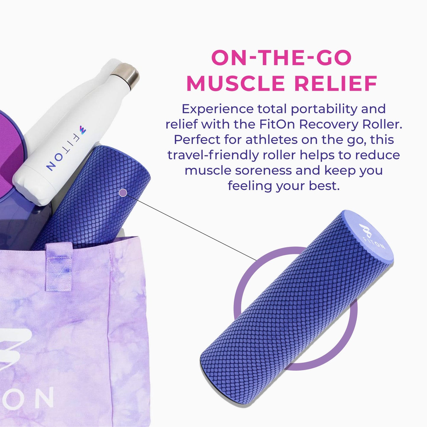 FitOn Recovery Foam Roller - High Density Travel Foam Roller for Muscle Massage and Deep Tissue Relief - Compact and Portable for Exercise, Travel, and Fitness - 12"x4", Purple