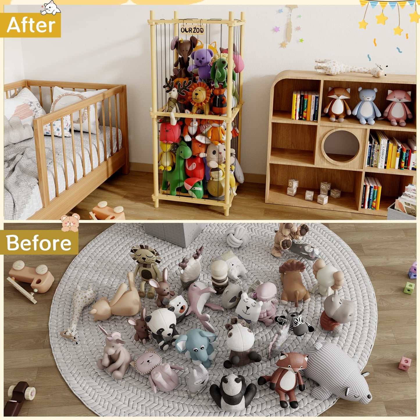HAIDAIYA Stuffed Animal Zoo Storage Cage Wooden, Wood Extra Large Stuffed Animal Storage Basket, Toy Storage for Big Stuffed Animals, Large Toy Chest for Kids Girls Boys Toy Organizer Holder