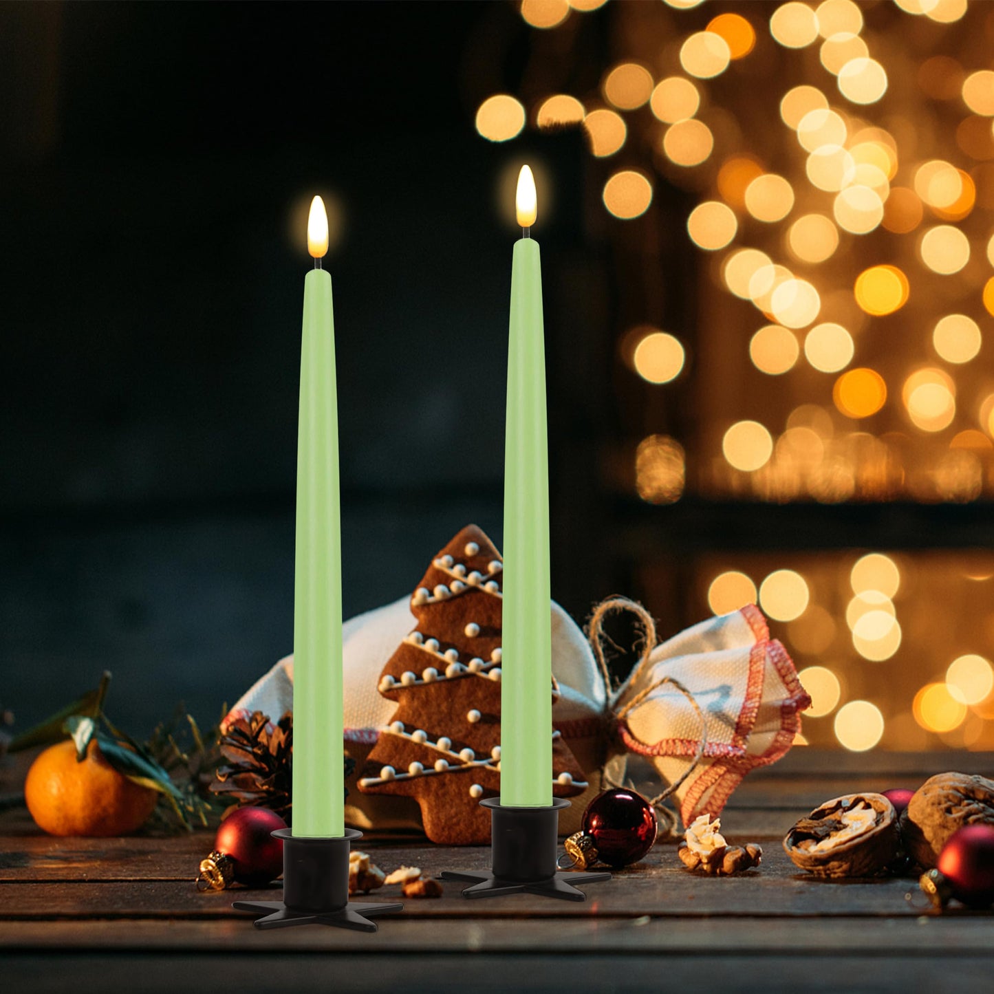 CVHOMEDECO. Flameless Taper Candles with 10-Key Remote, Battery Operated Led Flickering 3D Wick Window Candles Real Wax Finished Home Christmas Party Decor 0.78 x 11 Inch, Pack of 2, Light Green