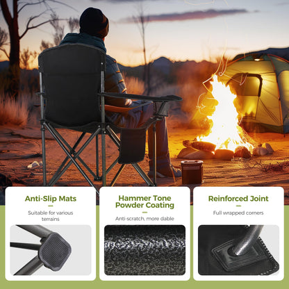 ALPHA CAMP 2PC Oversized Camping Folding Chair, Heavy Duty Support 450 LBS Steel Frame Collapsible Padded Arm Chair with Cup Holder Quad Lumbar Back, Portable for Outdoor,Black