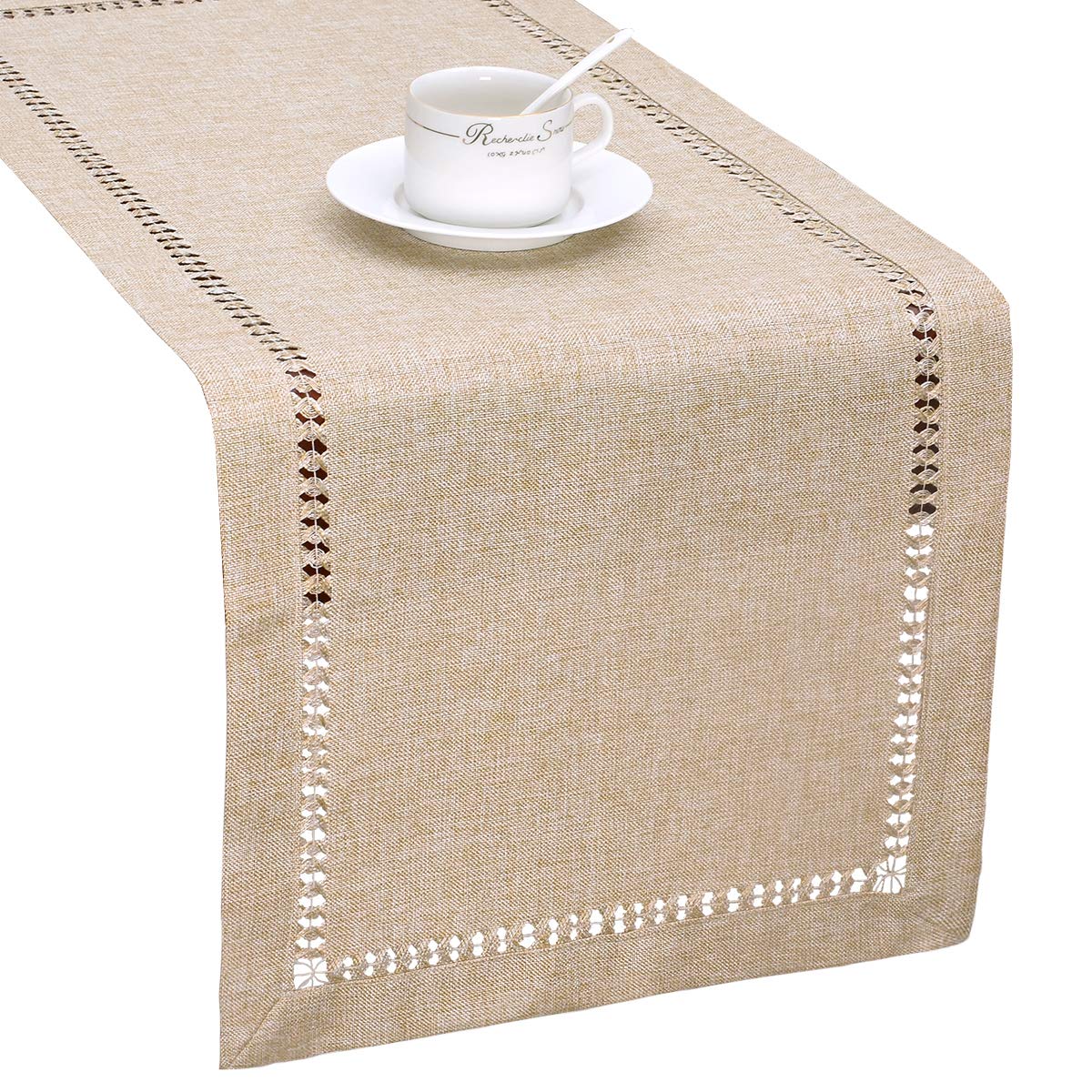 Grelucgo Handmade Hemstitch Beige Table Runner Or Dresser Scarf, Rectangular 14 by 48 Inch