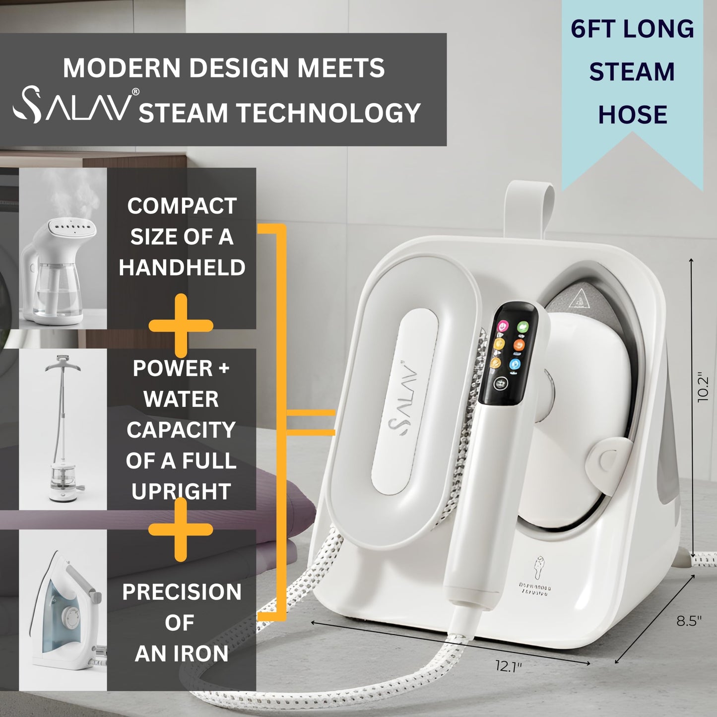 SALAV DuoPress Smart Deluxe Steam Station, Garment Steamer & Iron, 6ft Extra-Long Hose, Auto-Off Safety, Digital Display, 7 Steam Levels, 1.1L Water Tank, Dry Iron Mode & Steam Burst