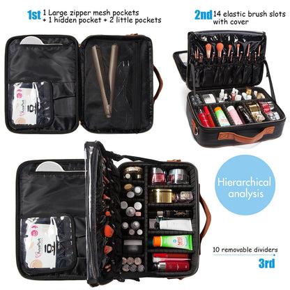 EKERHO Large Travel Makeup bag, Leather Artist Makeup Train Case Cosmetic Storage Organizer Box with Adjustable Dividers for Makeup Brushes Toiletry - Black