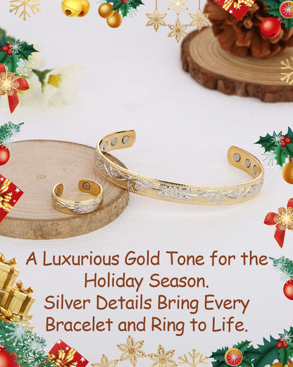 BioMag Copper Bracelet & Ring for Women, 99.99% Pure Copper Magnetic Bracelet Lymphatic Drainage Rings with 3500 Gauss Magnets, Adjustable & Flower Pattern (Gold Base with Silver)