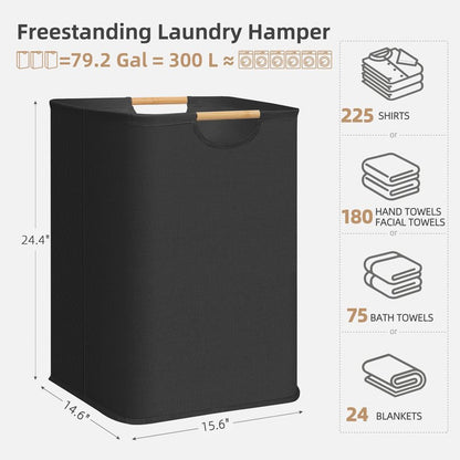 STORAGE MANIAC 3-Pack Large Laundry Hamper, 100L (26.4 Gal) Collapsible Laundry Basket with Bamboo Handles, Freestanding Waterproof Clothes Hamper for Laundry Room, Bedroom, Dorm, Towels, Toys, Black