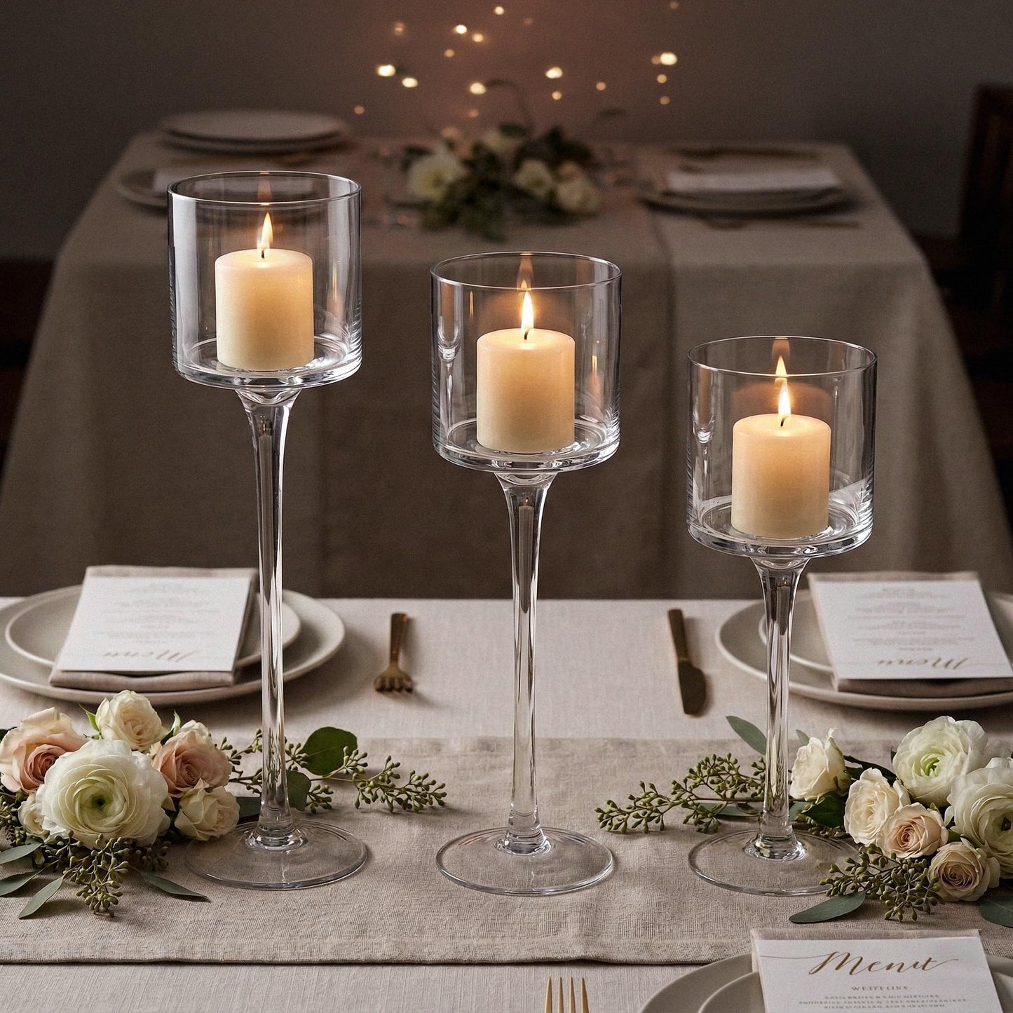 Royal Imports Glass Candleholder Flower Vase, Floating & Pillar Candle Centerpiece Display, Decorative Hurricane on Pedestal for Home or Wedding Set of 3, Clear
