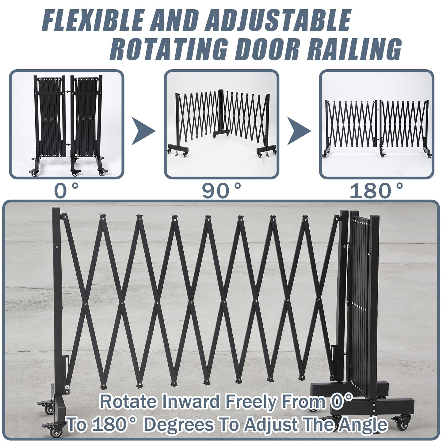 23.5FT Industrial Metal Expandable Barricade，Retractable Traffic Fence with Casters, Folding Security Gate，Portable Barricade Gate for Construction Area, Traffic Control, Cordon(Black